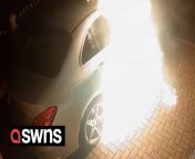 Shocking footage shows an arsonist torching three cars - before running off with his pants on fire.&#60;br/&#62;&#60;br/&#62;The masked assailant is being hunted after pouring flammable liquid over the vehicles parked outside a house in Rochester, Kent.&#60;br/&#62;&#60;br/&#62;The flames catch his trousers as he makes his getaway on foot.&#60;br/&#62;&#60;br/&#62;Faz Razaq, 39, who lives at the address with his elderly parents, fears the attack was targeted at him, but has no idea why. &#60;br/&#62;&#60;br/&#62;His mother was praying in the house when she heard a bang and ran to warn her son.&#60;br/&#62;&#60;br/&#62;The blaze, started shortly before 11pm on Monday October 23, wrecked his Land Rover and spread to his Mercedes C250 AMG and an Audi S3 Black. &#60;br/&#62;&#60;br/&#62;Flames can be seen licking around the driveway for five minutes before consuming the camera, turning the screen black. &#60;br/&#62;&#60;br/&#62;He said the house is now unhabitable.&#60;br/&#62;&#60;br/&#62;Mr Razaq has been living in hotels since the attack and his parents are staying with his sister in Essex. &#60;br/&#62;&#60;br/&#62;The self-employed man who works in cars, said: “Mum was praying in her room when she rushed to me to say she heard a loud bang.&#60;br/&#62;&#60;br/&#62;“When I went downstairs all I saw was flames so I went back to get my parents out as quickly as I could down to the bottom of our back garden.”&#60;br/&#62;&#60;br/&#62;“All the vehicles were write-offs. It has also done serious damage to my house and it’s now unliveable.&#60;br/&#62;&#60;br/&#62;“There is severe water damage and smoke damage.&#92;