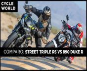 Middleweight naked motorcycles represent a balance of performance and practicality—the 2020 KTM 890 Duke R and 2020 Triumph Street Triple RS are prime examples. We put them to the test on the track and street.&#60;br/&#62;&#60;br/&#62;It’s hard to recall the exact moment when it happened, but somewhere between burning knee pucks through Chuckwalla Valley Raceway’s 70 mph bowl turn, with ­Senior Editor Adam Waheed flanking me, and exiting Turn 16 in a crossed-up wheelie, disbelief set in that these are the same motorcycles on the same tires we’d used to cover hundreds of miles on the street riding from the Cycle World office to the racetrack the day before. Long hours in relative comfort, countless black lines painted on winding back roads, endless entertainment, and an average of 37 mpg between the two are a testament to the Triumph Street Triple RS’s and KTM 890 Duke R’s balance of performance, fun, and practicality.&#60;br/&#62;&#60;br/&#62;Outright performance and practicality are cool, but, like you, we’re mostly here for the good times. And we get a lot of that, thanks to the broad aim of both these bikes. Their design philosophies hearken back to the fabled Universal Japanese Motorcycle, except they come equipped with advanced rider-aid electronics, relentless engine performance, top-shelf components from ­excellent suppliers, and some of the most impressive production tire technology ever offered.&#60;br/&#62;&#60;br/&#62;But what’s particularly interesting here is that these two machines conquer similar goals in very different ways...&#60;br/&#62;&#60;br/&#62;Read the full test here: https://www.cycleworld.com/story/motorcycle-reviews/2020-ktm-890-duke-r-vs-2020-triumph-street-triple-rs-comparison/&#60;br/&#62;&#60;br/&#62;Read more from Cycle World: https://www.cycleworld.com/&#60;br/&#62;Buy Cycle World Merch: https://teespring.com/stores/cycleworld