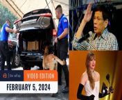 Today on Rappler – the latest news in the Philippines and around the world:&#60;br/&#62;&#60;br/&#62;- House on ‘heightened alert’ after congressmen receive bomb threats, says secretary-general&#60;br/&#62;- Mindanao leaders, local executives thumb down Duterte’s independence call&#60;br/&#62;- Filmmaker Jade Castro’s ‘warrantless’ jeepney arson arrest slammed by art organizations&#60;br/&#62;- El Salvador’s Bukele declares victory in presidential poll&#60;br/&#62;- Taylor Swift makes Grammy history with fourth album of year win&#60;br/&#62;- TS11 is coming: What we know so far about Taylor Swift’s new album ‘The Tortured Poets Department’&#60;br/&#62;&#60;br/&#62;&#60;br/&#62;https://www.rappler.com/video/daily-wrap/february-5-2024/