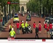 A line of people dressed in red shirts has interrupted the handover of power on The Mall in London. &#60;br/&#62;The motorcade bringing Boris Johnson to Buckingham Palace was disrupted by protesters holding hands - in an attempt to block the car&#39;s journey.