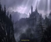 Prompt Midjourney : (Between the mountains)，A dilapidated castle，Shrouded in mist, outdoors, overgrown ,post apocalyptic,((From Software)), night sky, dungeon,ultra wide shot,Aeral view,depth of field (dof), up view,retro dark vintage,Gothic gloomy,full details, Quixel,FHD,gray,The sunlight shines down through the dark clouds,the Tyndall effect --ar 16:9