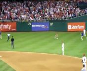 May 3, 2010, Philadelphia Phillies vs. St. Louis Cardinals, Citizens Bank Park. Fan waving rally towel runs into outfield, avoids security until getting tased. Raul Ibanez ducks in deep left and Ryan Howard covers his mouth with glove, in attempt to hide his laughter.