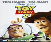 Toy Story 2 is a 1999 American animated film produced by Pixar Animation Studios for Walt Disney Pictures.[5] The second installment in the Toy Story franchise and the sequel to Toy Story (1995), it was directed by John Lasseter, co-directed by Ash Brannon and Lee Unkrich, from a screenplay written by Andrew Stanton, Rita Hsiao, Doug Chamberlin, and Chris Webb from a story by Lasseter, Stanton, Brannon, and Pete Docter. In the film, Woody is stolen by a toy collector, prompting Buzz Lightyear and his friends to rescue him, but Woody is then tempted by the idea of immortality in a museum. Tom Hanks, Tim Allen, Don Rickles, Jim Varney, Wallace Shawn, John Ratzenberger, Annie Potts, R. Lee Ermey, John Morris, and Laurie Metcalf reprise their roles from the first Toy Story film and they are joined by Joan Cusack, Kelsey Grammer, Estelle Harris, Wayne Knight, and Jodi Benson, who play the new characters introduced in this film. This is the last Toy Story film to feature Varney as the voice of Slinky Dog before his death the following year.